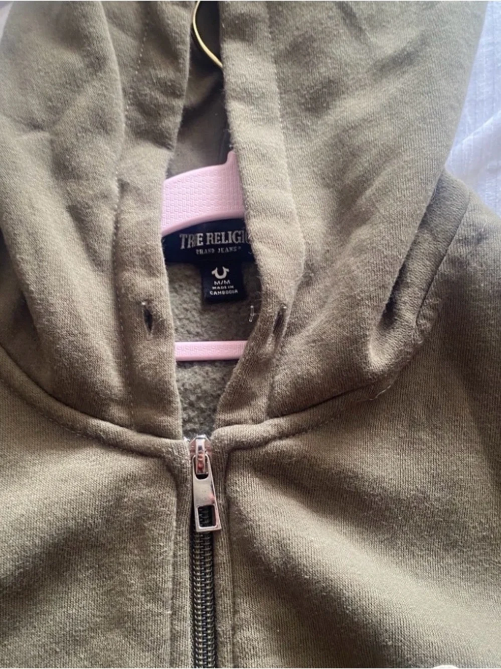 True Religion Olive Green Pullover Hoodie with Embroidered Logo